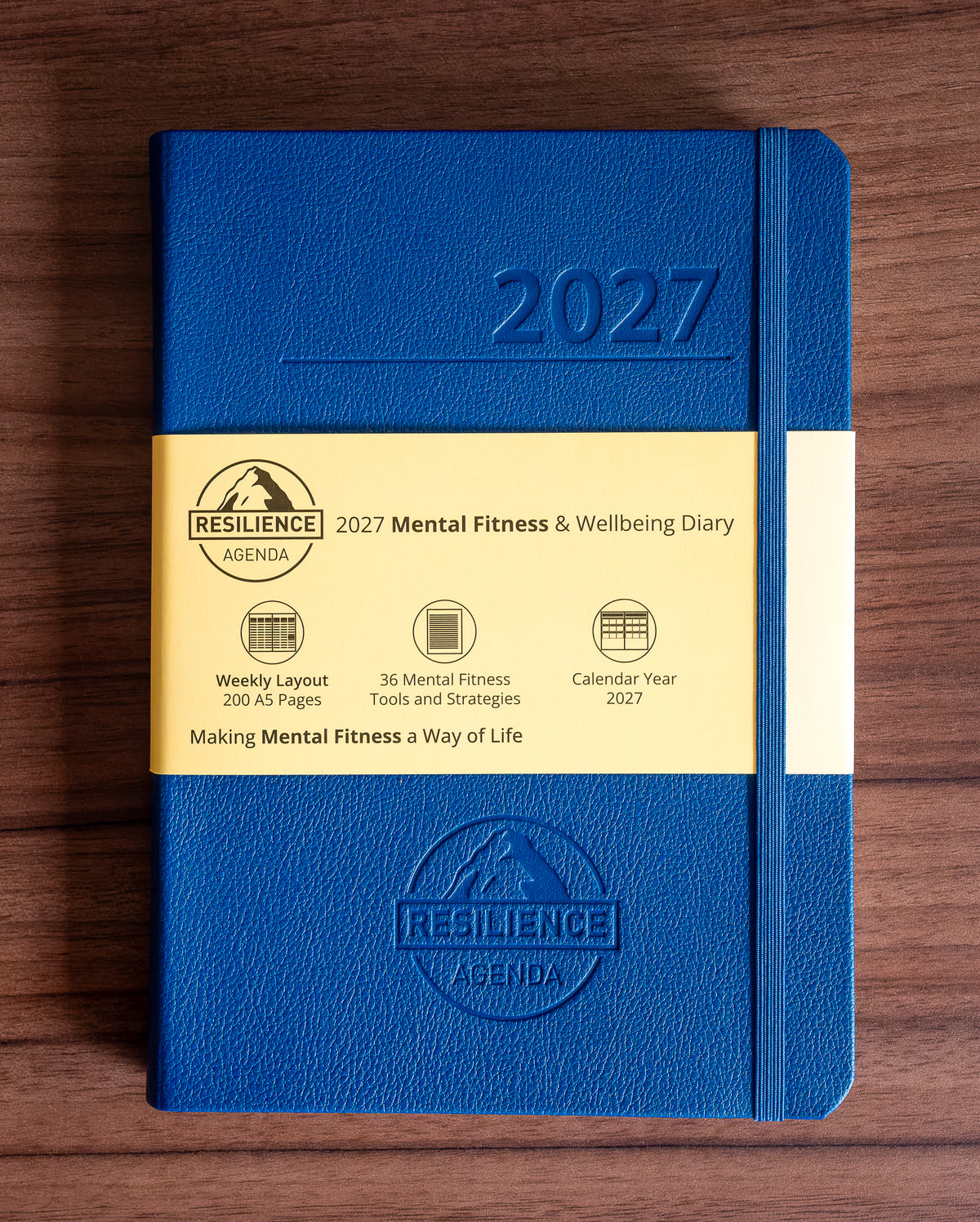 Real life image of 2027 Mental Fitness Diary in Classic Navy. Helps support Mental Fitness, Time management, resilience