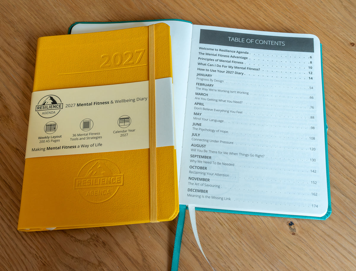 Topics in the 2027 Mental Fitness Diary. Habits, Mindset, Beliefs, Connection, Hope, Relationships. Mental Fitness. Attention. Online Distraction. Savouring/Gratitude. Finding meaning