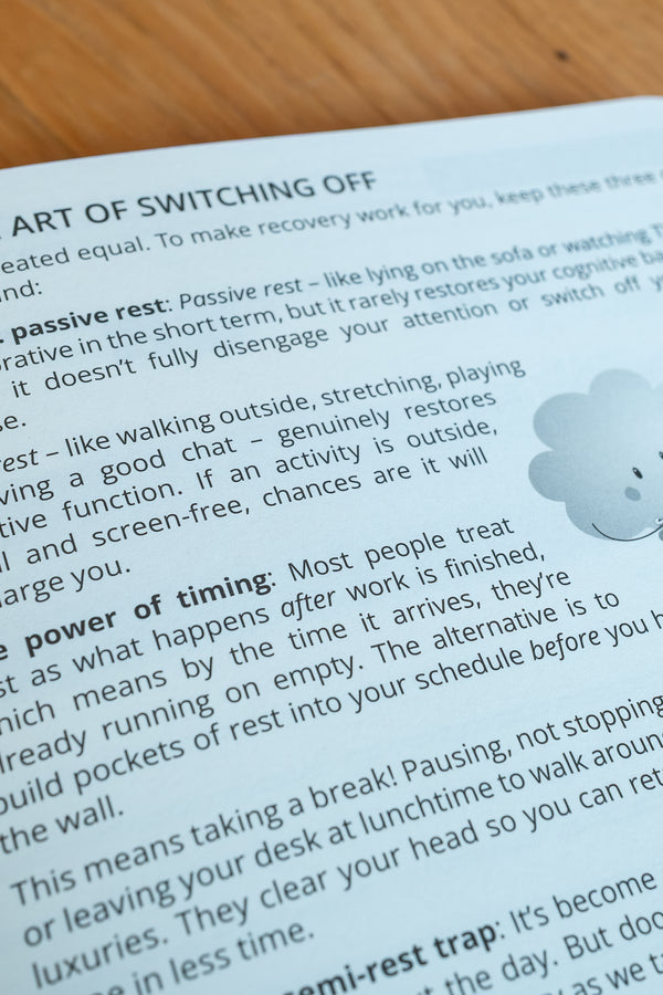 Inside example of a page within the 2027 Mental Fitness diary, the best mental health diary on the market. How to relax. Active vs passive rest. 