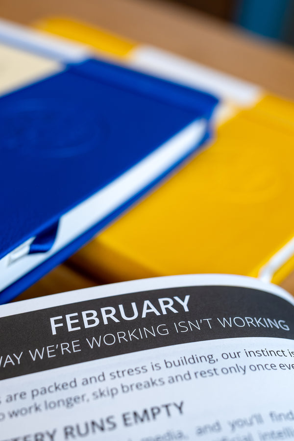 Burnout tips. Workplace wellbeing resources. Gift for employees. The image shows a chapter heading in the 2027 Mental Fitness Diary with the heading 'The Way We're Working isn't Working'