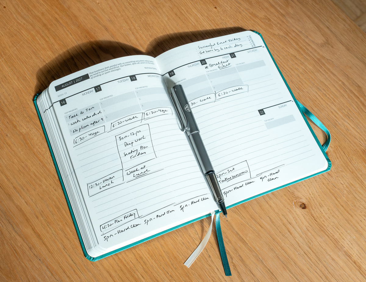 How to use 2027 Mental Fitness Diary. Timeblock. Top 3 Priorities. Weekly Goals. The image shows the 2027 Mental Fitness Diary filled in. Weekly version example. 