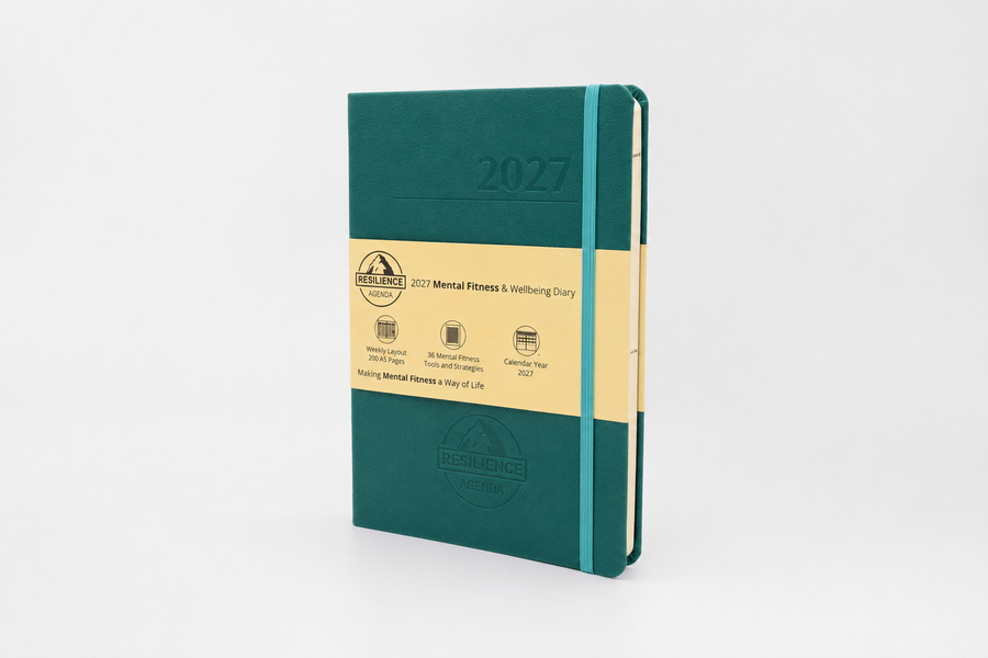 A 2027 daily planner with a dark teal-green cover, a beige paper band around the middle, and a matching teal-green elastic closure, shown on a light gray background. Helps mental health, resilience, gift under $50. 